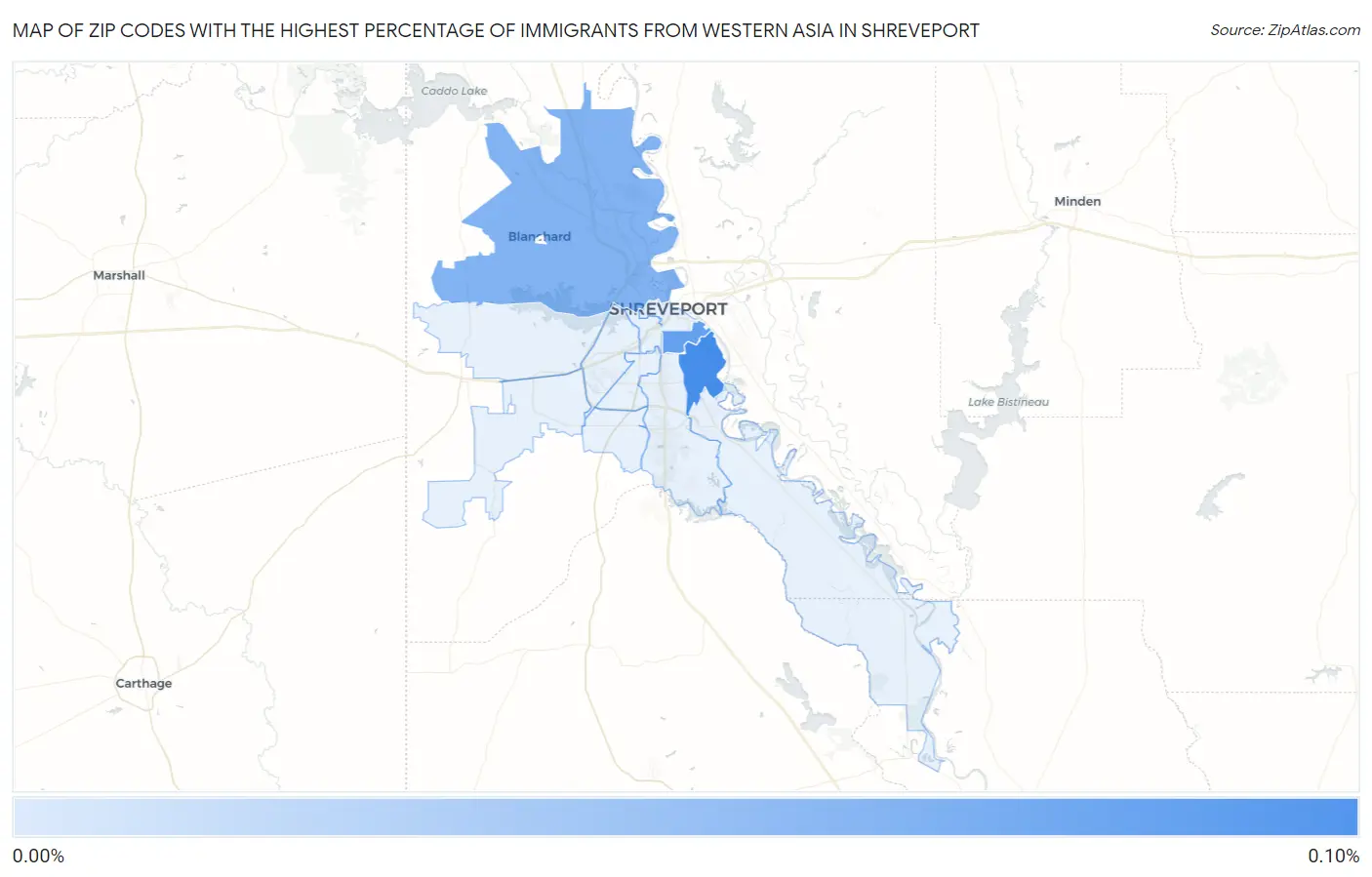 Zip Codes with the Highest Percentage of Immigrants from Western Asia in Shreveport Map