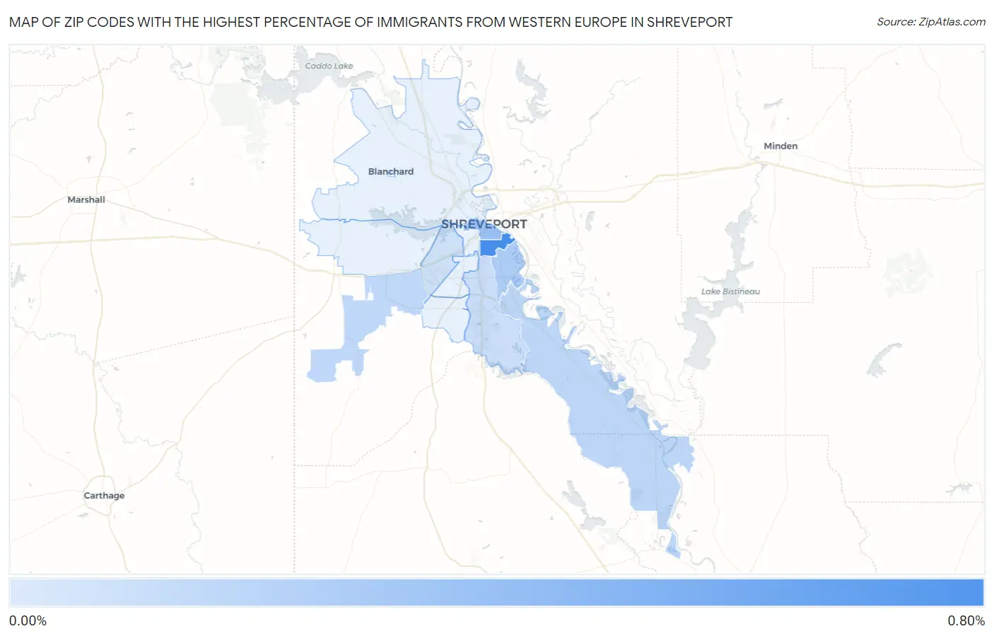Zip Codes with the Highest Percentage of Immigrants from Western Europe in Shreveport Map