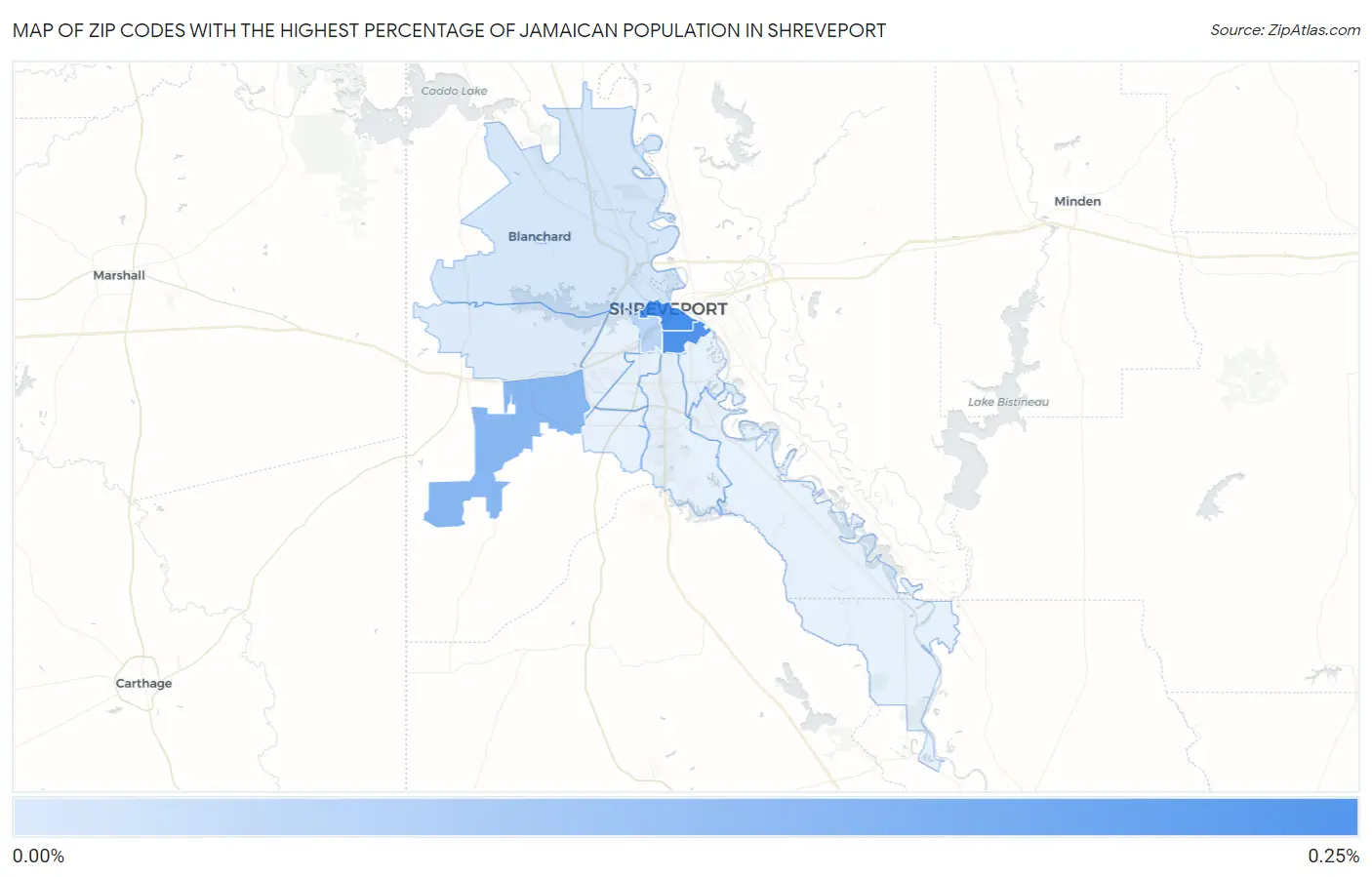 Zip Codes with the Highest Percentage of Jamaican Population in Shreveport Map