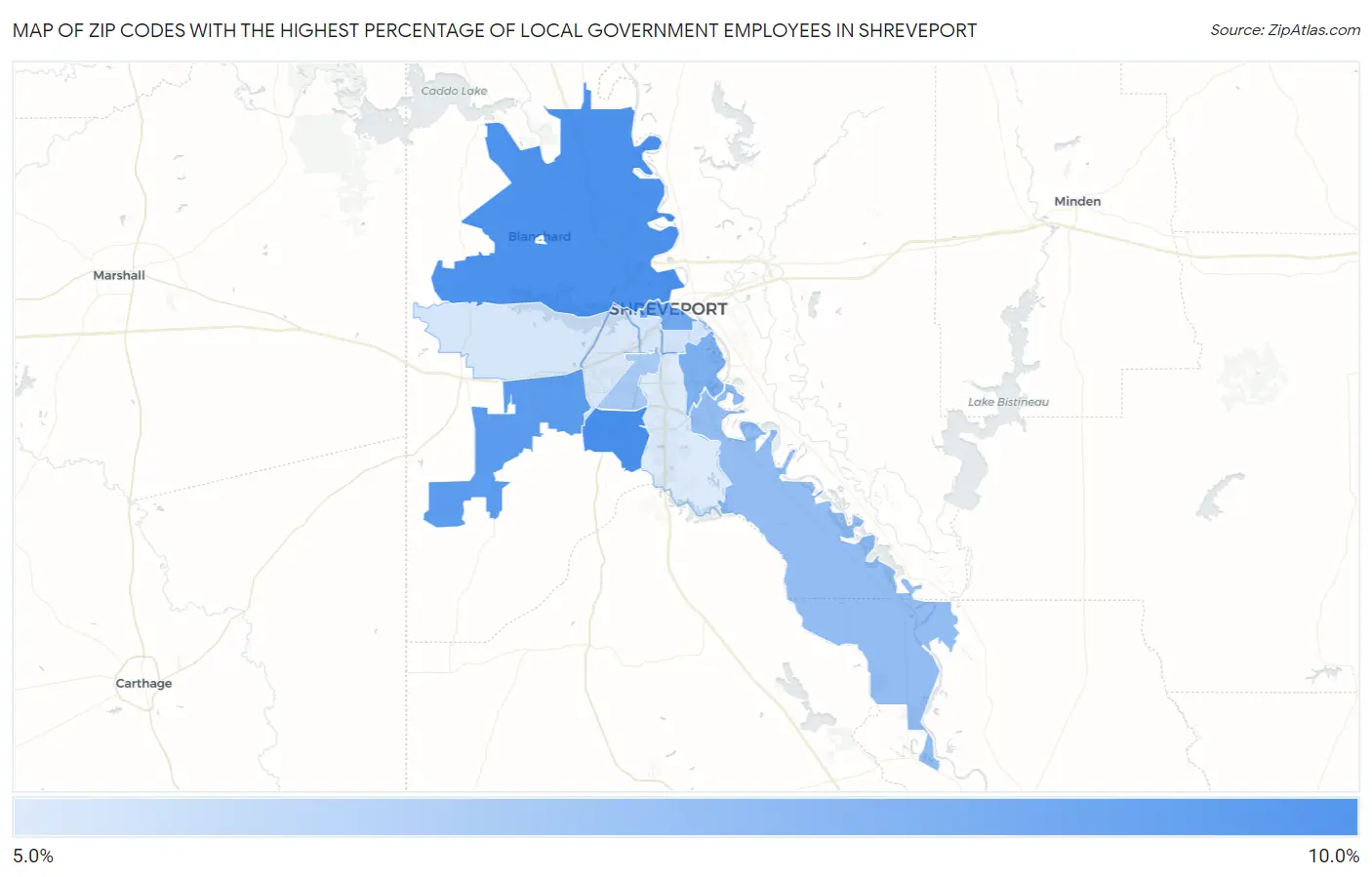Zip Codes with the Highest Percentage of Local Government Employees in Shreveport Map