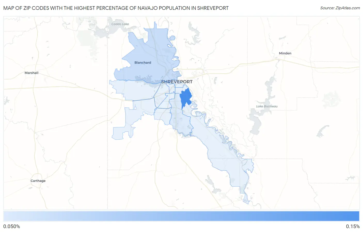 Zip Codes with the Highest Percentage of Navajo Population in Shreveport Map