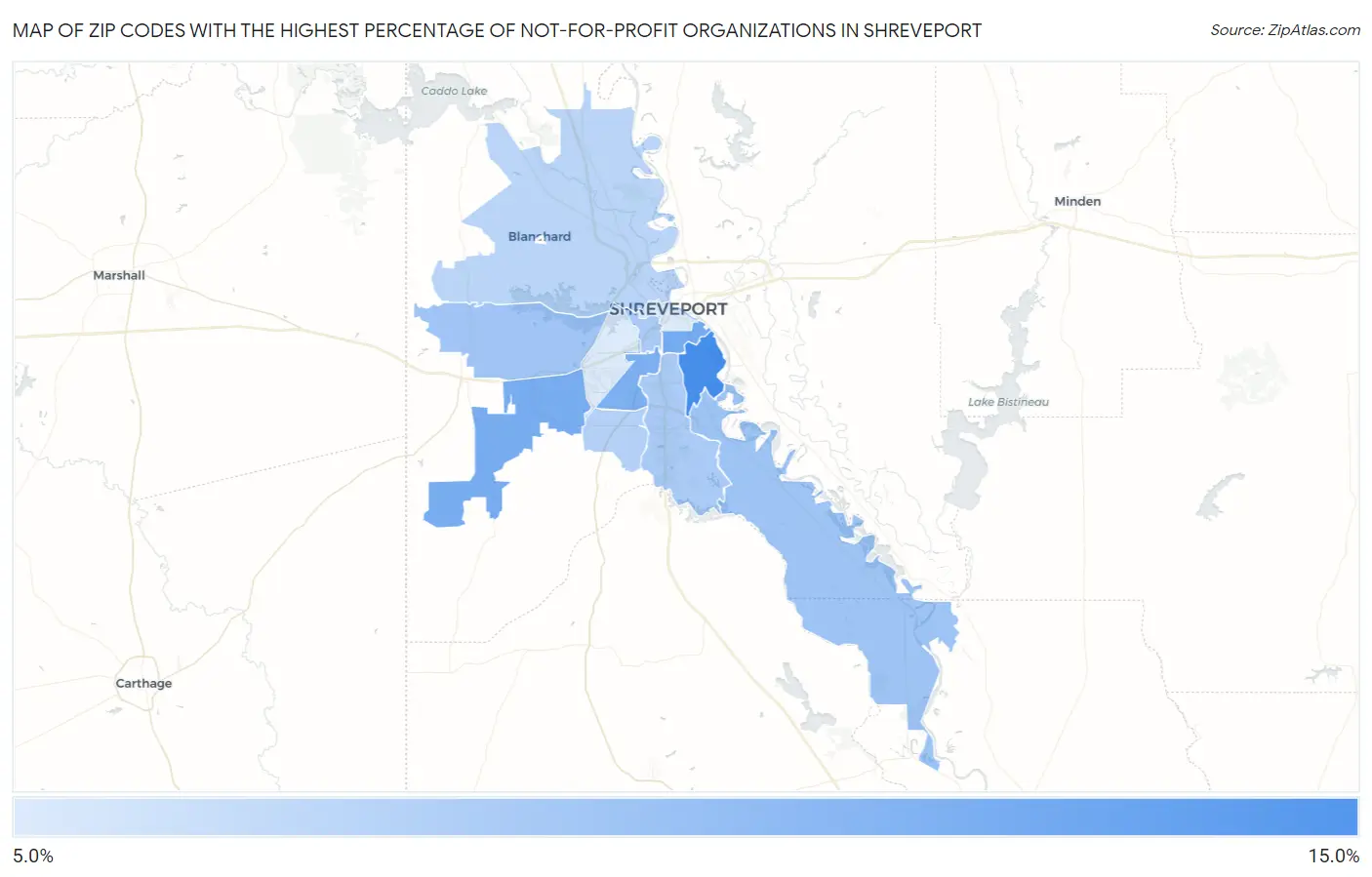Zip Codes with the Highest Percentage of Not-for-profit Organizations in Shreveport Map