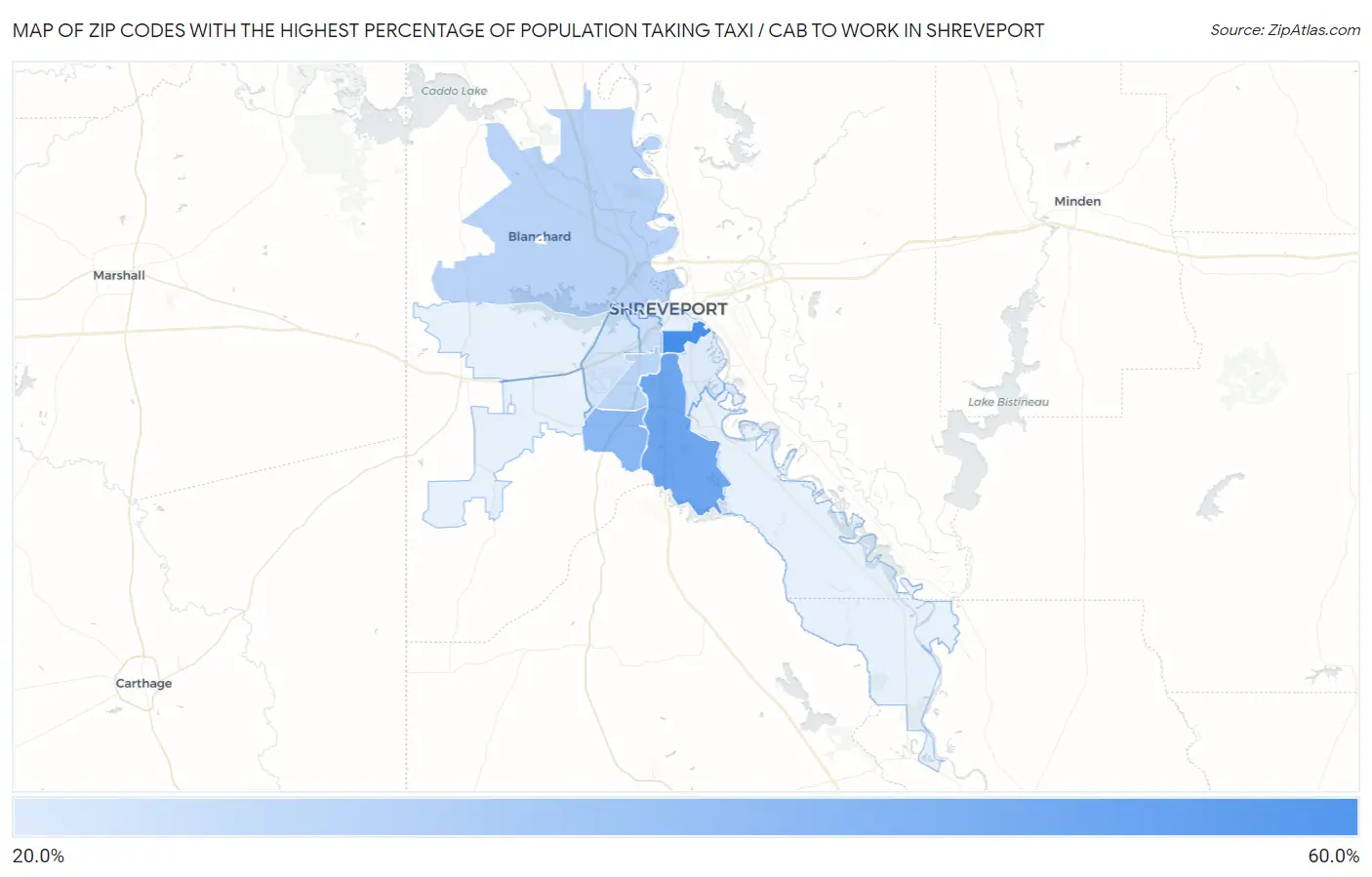 Zip Codes with the Highest Percentage of Population Taking Taxi / Cab to Work in Shreveport Map