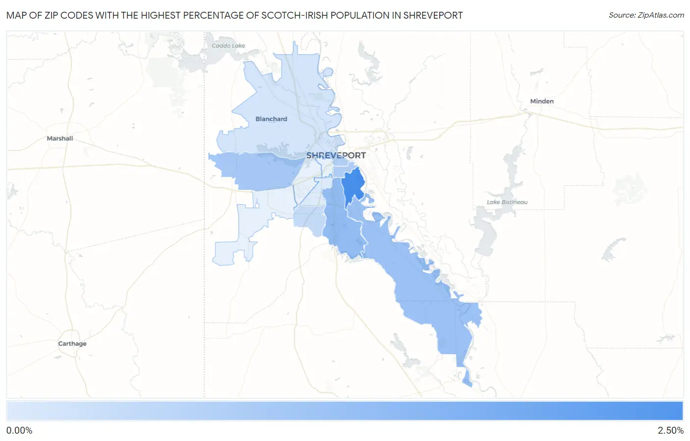 Zip Codes with the Highest Percentage of Scotch-Irish Population in Shreveport Map