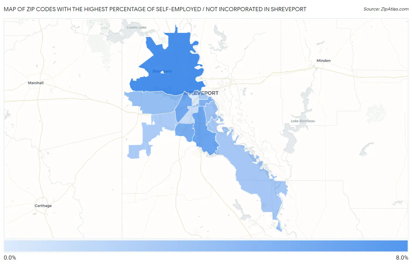 Zip Codes with the Highest Percentage of Self-Employed / Not Incorporated in Shreveport Map