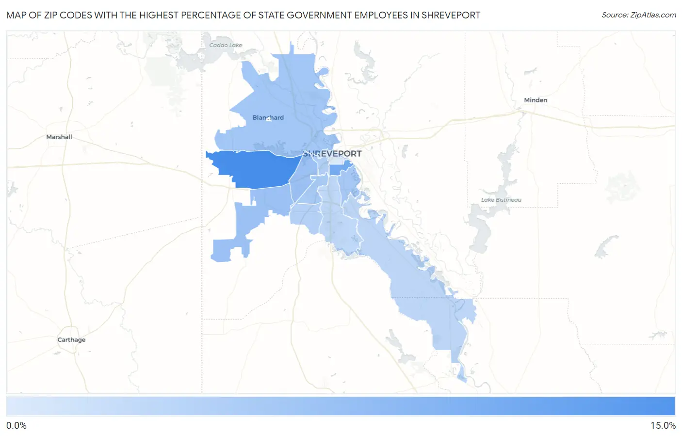 Zip Codes with the Highest Percentage of State Government Employees in Shreveport Map