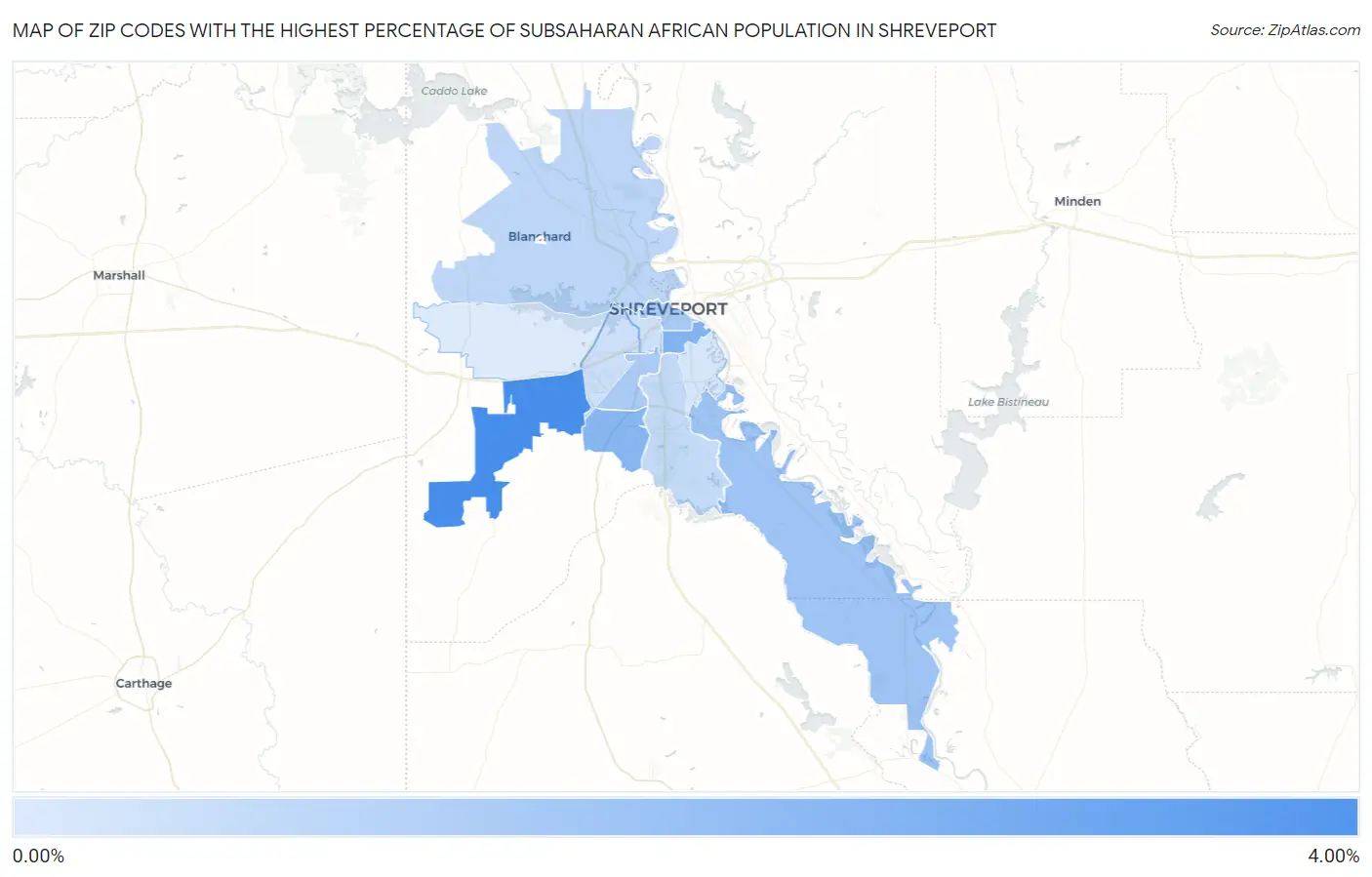 Zip Codes with the Highest Percentage of Subsaharan African Population in Shreveport Map