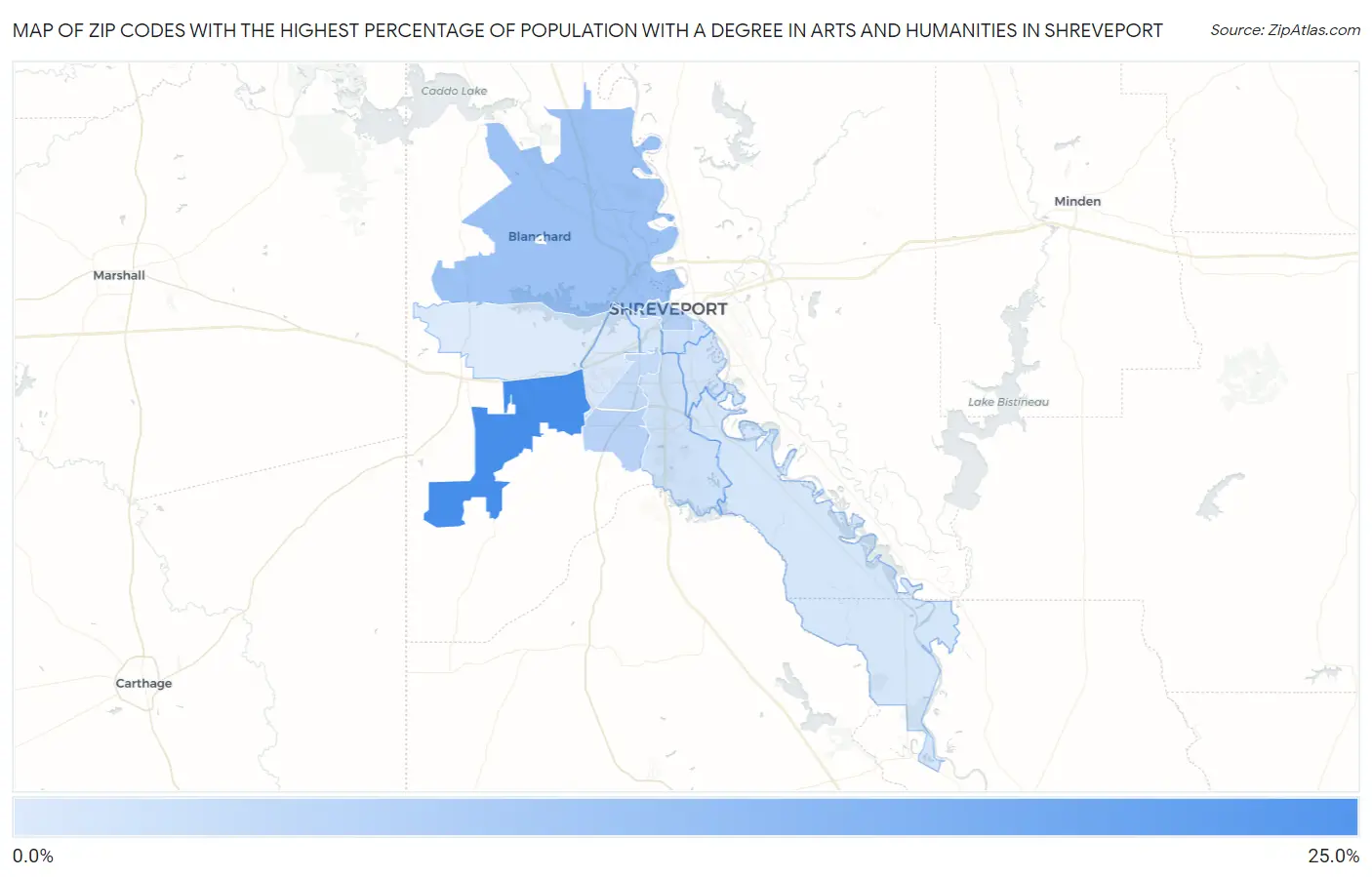 Zip Codes with the Highest Percentage of Population with a Degree in Arts and Humanities in Shreveport Map