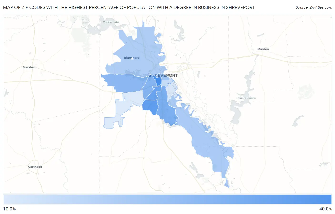 Zip Codes with the Highest Percentage of Population with a Degree in Business in Shreveport Map