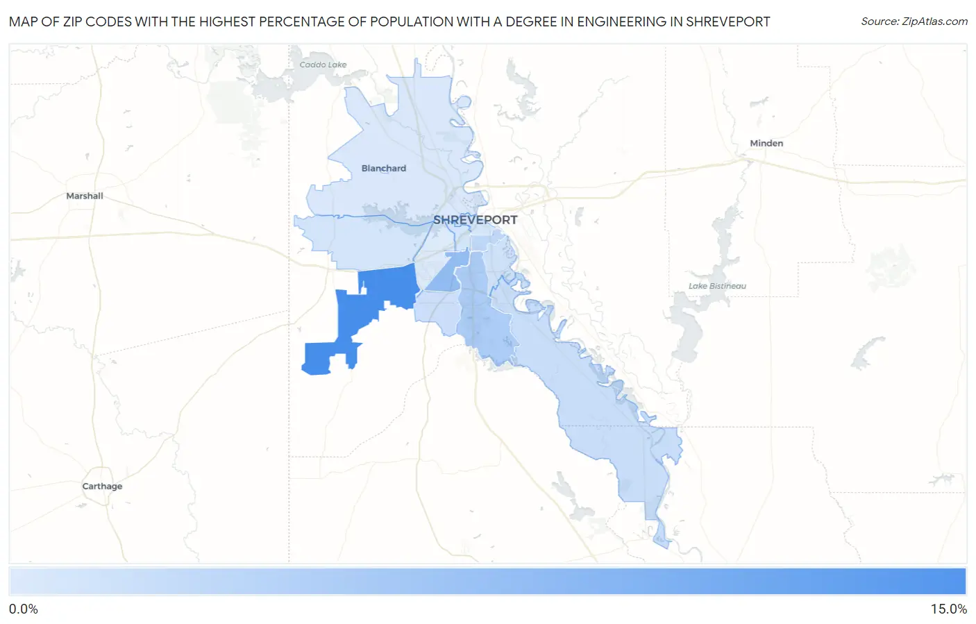 Zip Codes with the Highest Percentage of Population with a Degree in Engineering in Shreveport Map