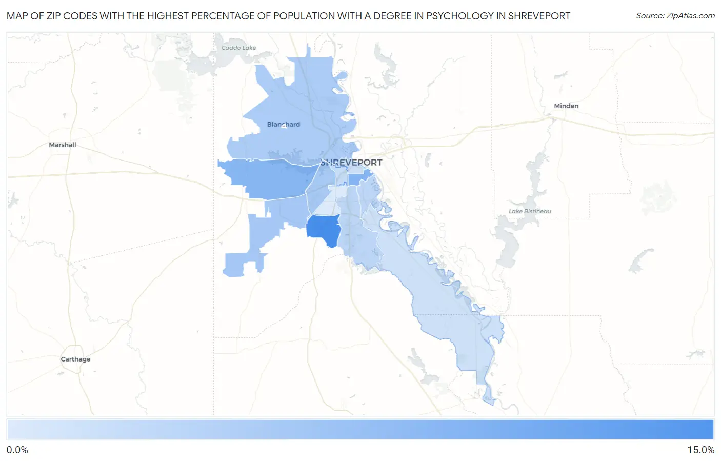 Zip Codes with the Highest Percentage of Population with a Degree in Psychology in Shreveport Map