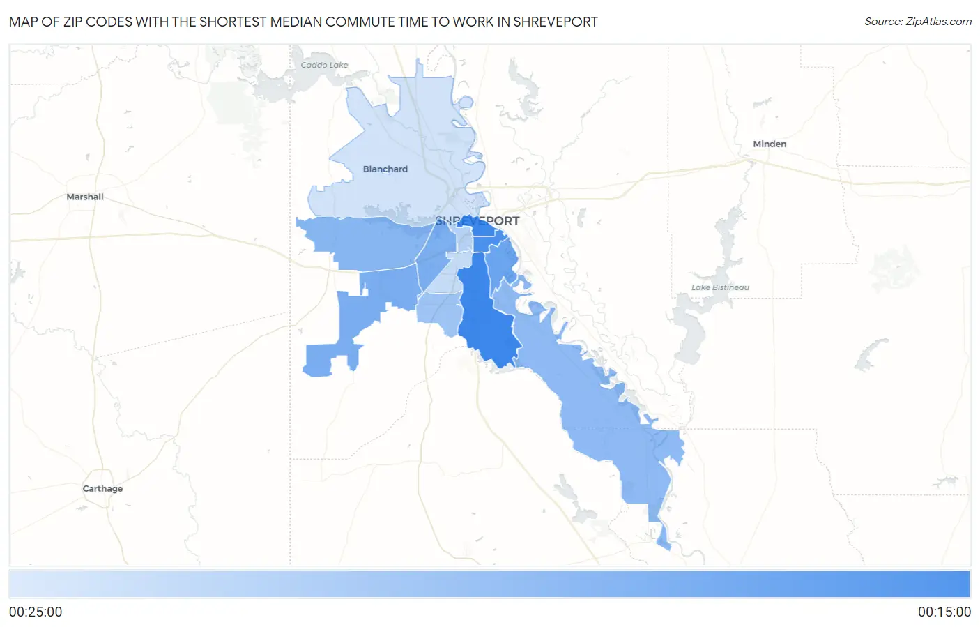 Zip Codes with the Shortest Median Commute Time to Work in Shreveport Map