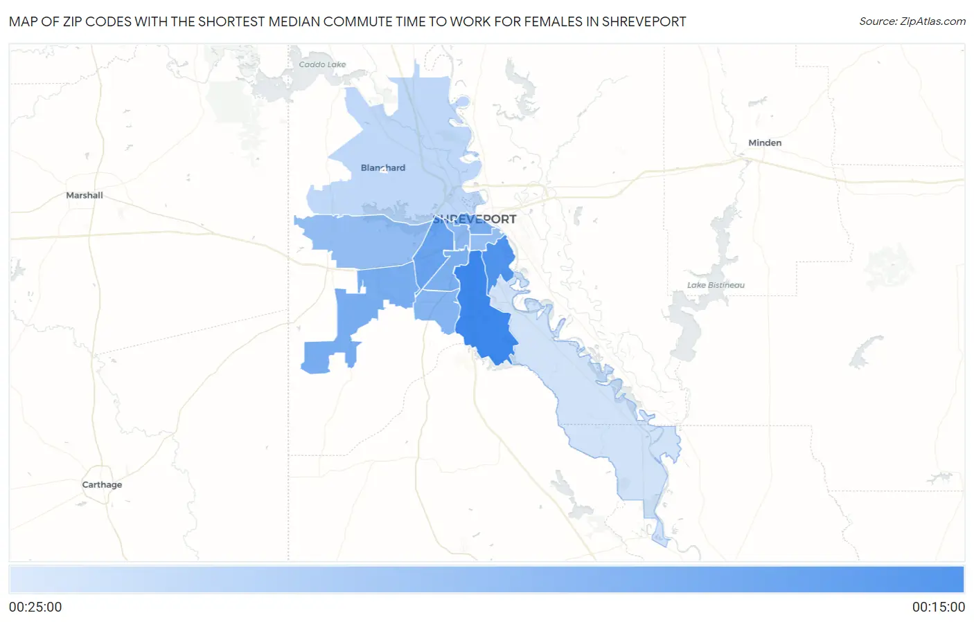 Zip Codes with the Shortest Median Commute Time to Work for Females in Shreveport Map