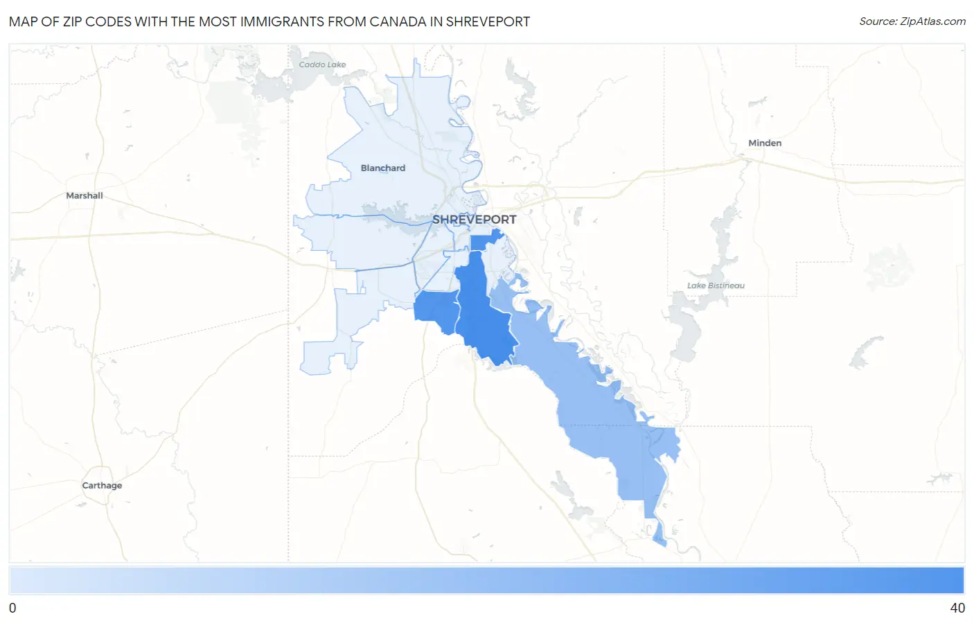 Zip Codes with the Most Immigrants from Canada in Shreveport Map