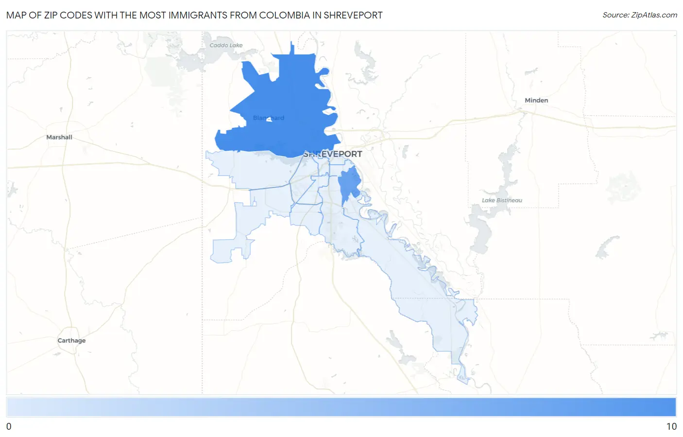 Zip Codes with the Most Immigrants from Colombia in Shreveport Map