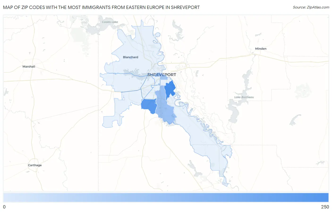 Zip Codes with the Most Immigrants from Eastern Europe in Shreveport Map
