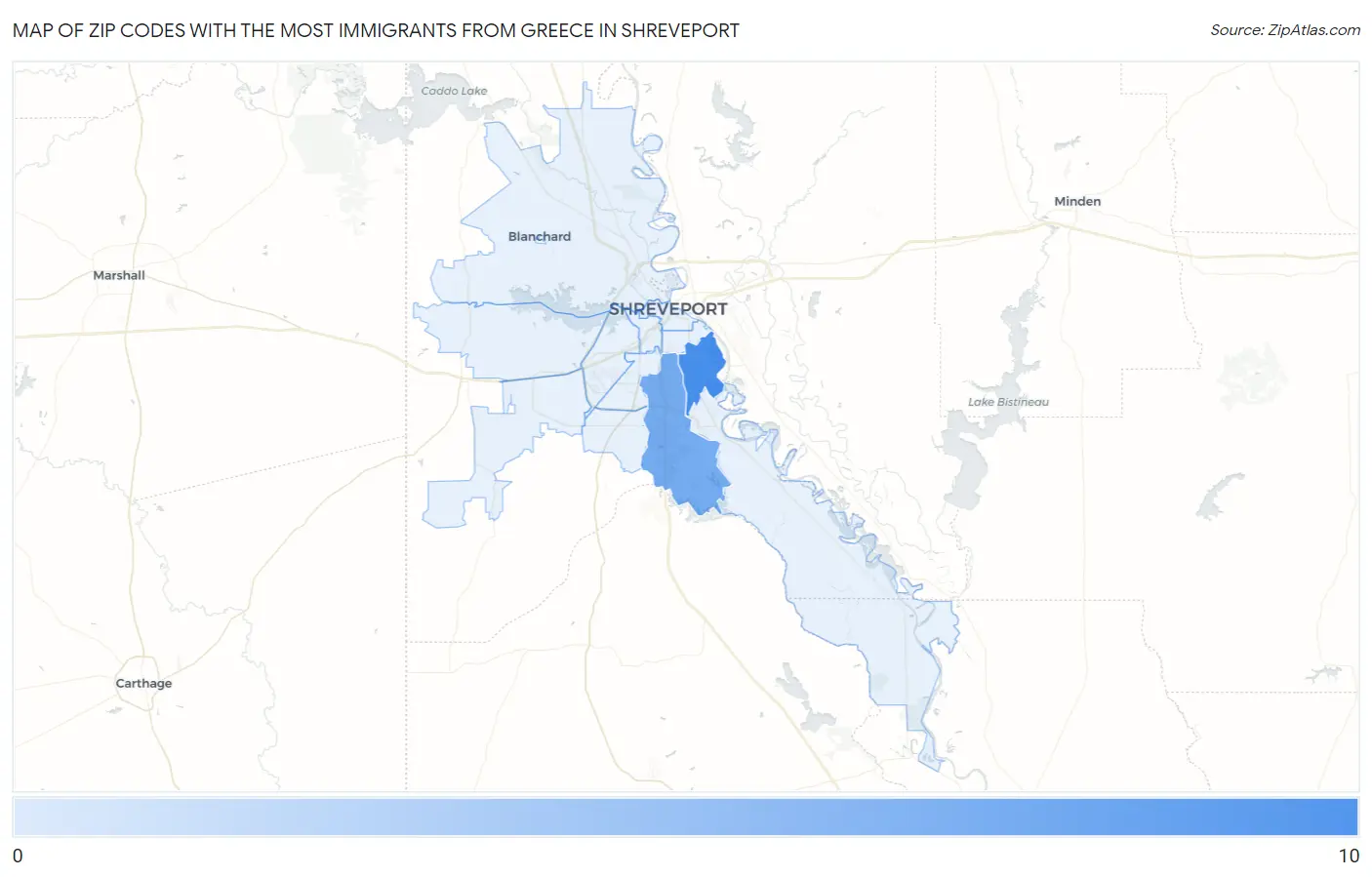 Zip Codes with the Most Immigrants from Greece in Shreveport Map