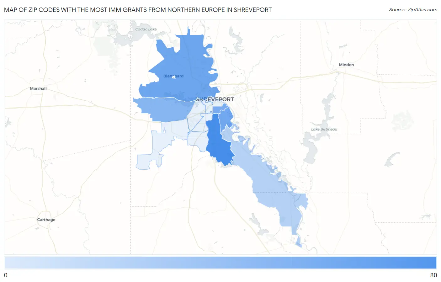 Zip Codes with the Most Immigrants from Northern Europe in Shreveport Map