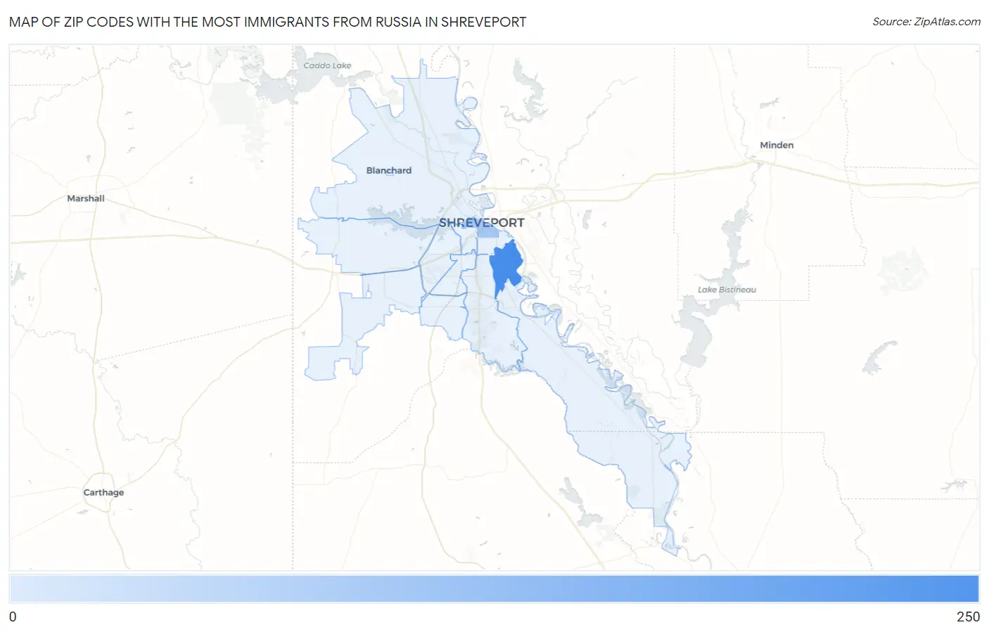 Zip Codes with the Most Immigrants from Russia in Shreveport Map