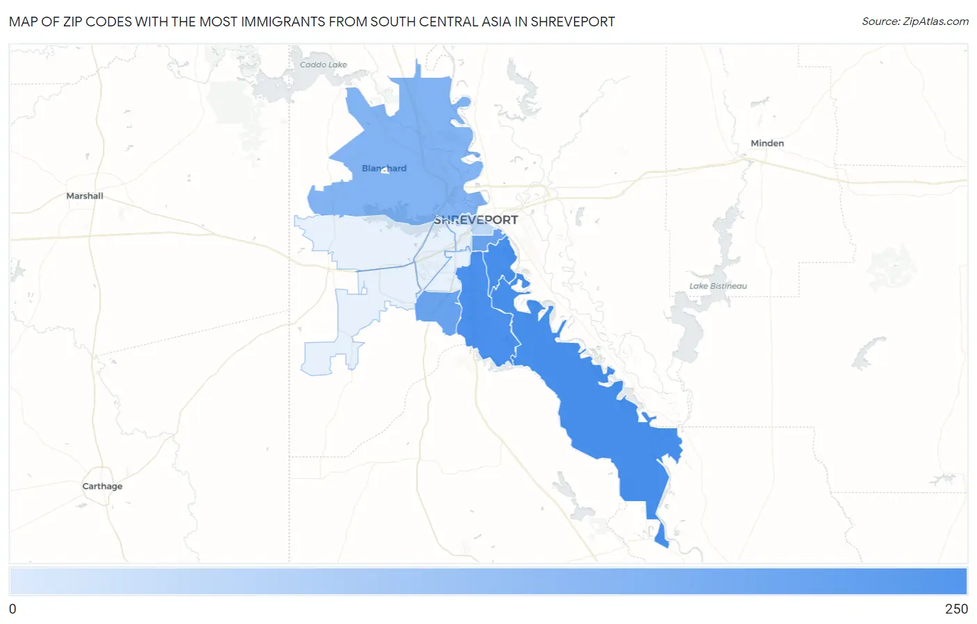 Zip Codes with the Most Immigrants from South Central Asia in Shreveport Map