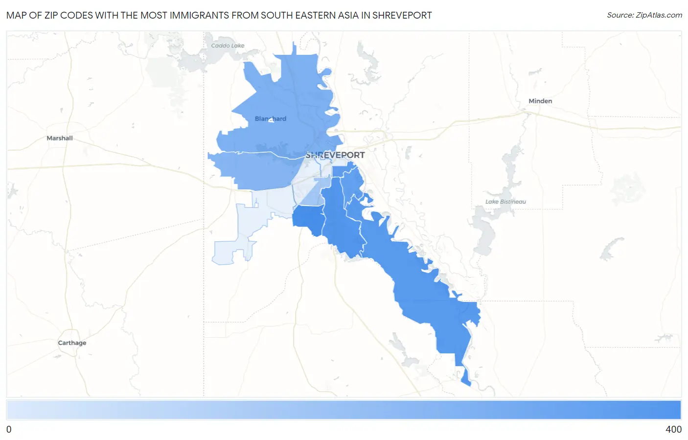 Zip Codes with the Most Immigrants from South Eastern Asia in Shreveport Map