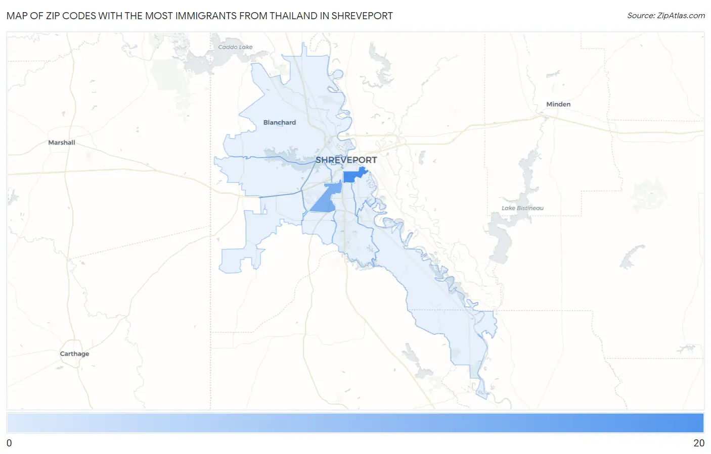 Zip Codes with the Most Immigrants from Thailand in Shreveport Map