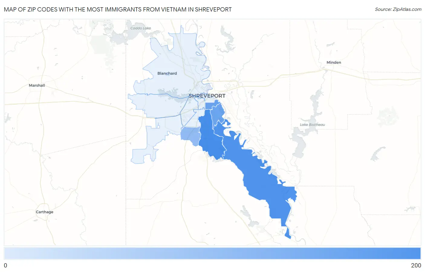 Zip Codes with the Most Immigrants from Vietnam in Shreveport Map
