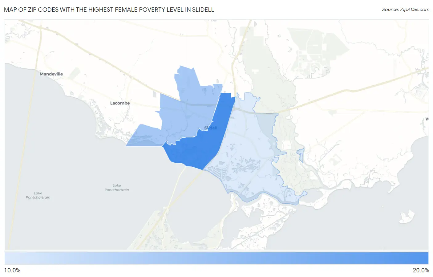 Zip Codes with the Highest Female Poverty Level in Slidell Map