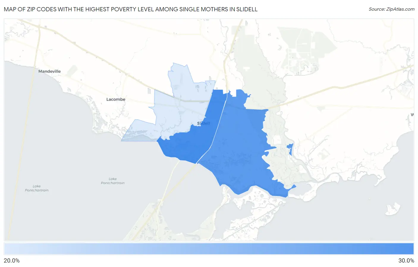 Zip Codes with the Highest Poverty Level Among Single Mothers in Slidell Map