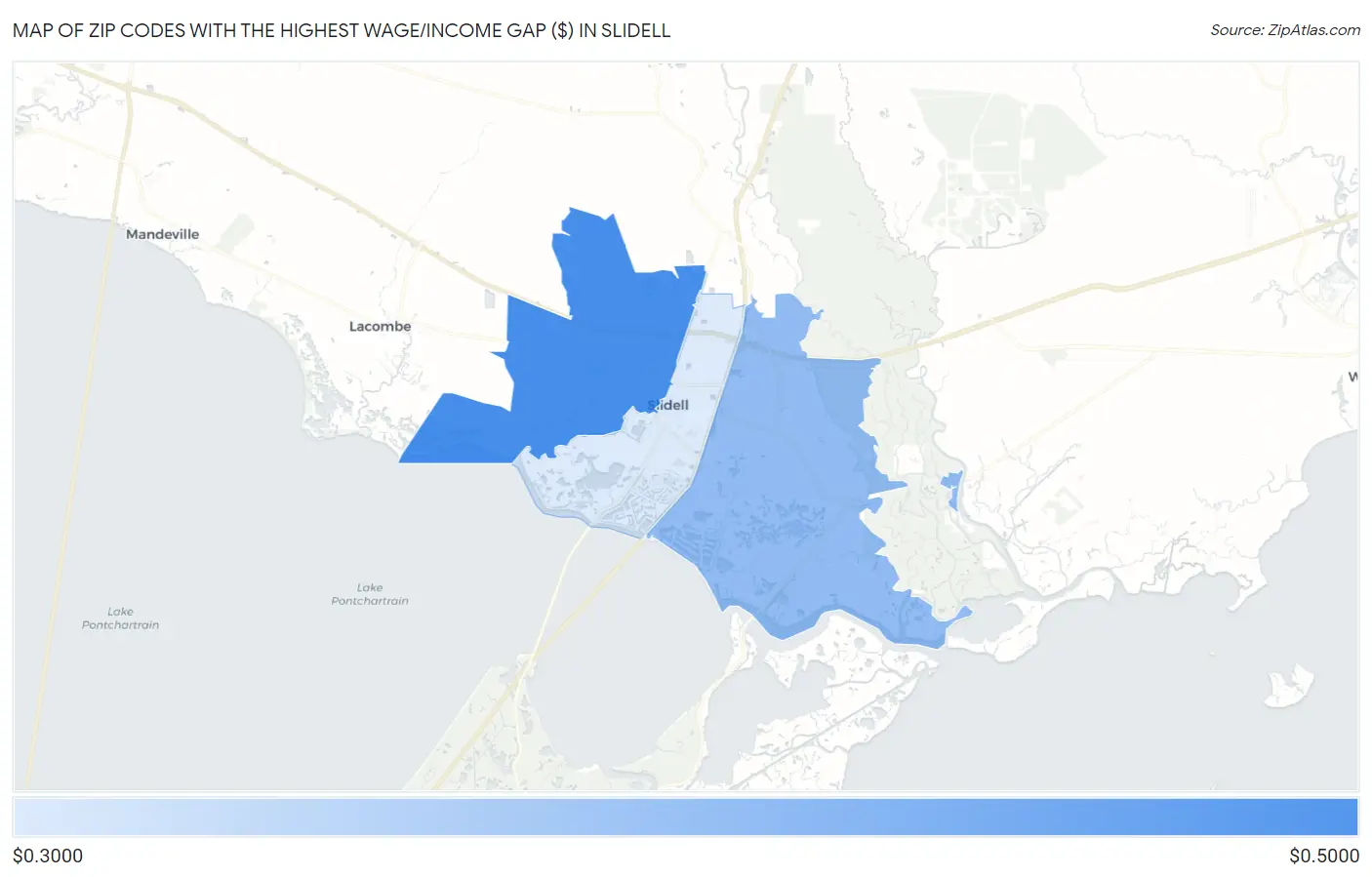 Zip Codes with the Highest Wage/Income Gap ($) in Slidell Map