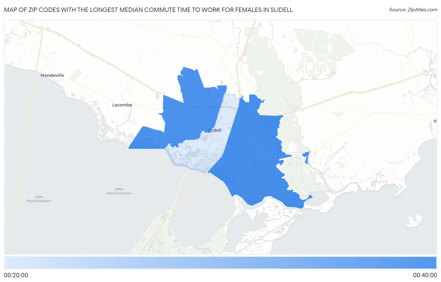 Zip Codes with the Longest Median Commute Time to Work for Females in Slidell Map