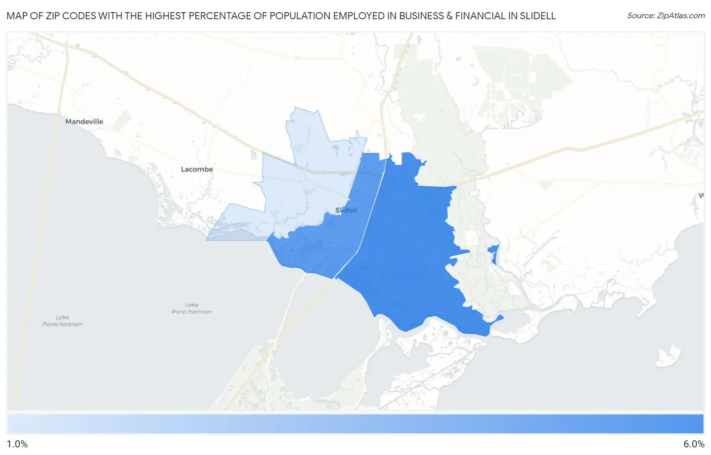 Zip Codes with the Highest Percentage of Population Employed in Business & Financial in Slidell Map