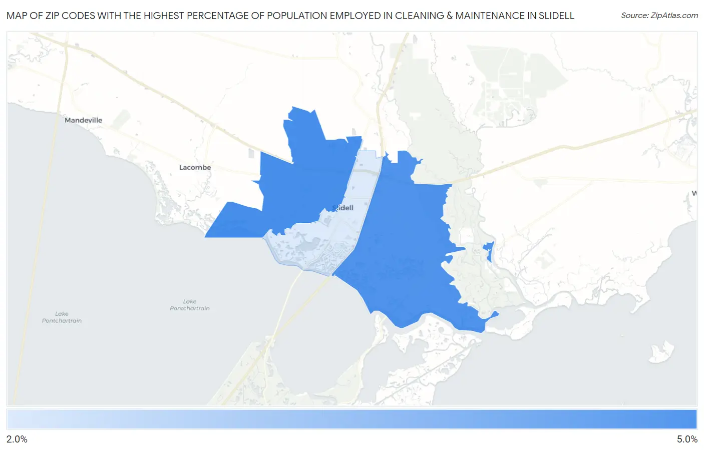 Zip Codes with the Highest Percentage of Population Employed in Cleaning & Maintenance in Slidell Map
