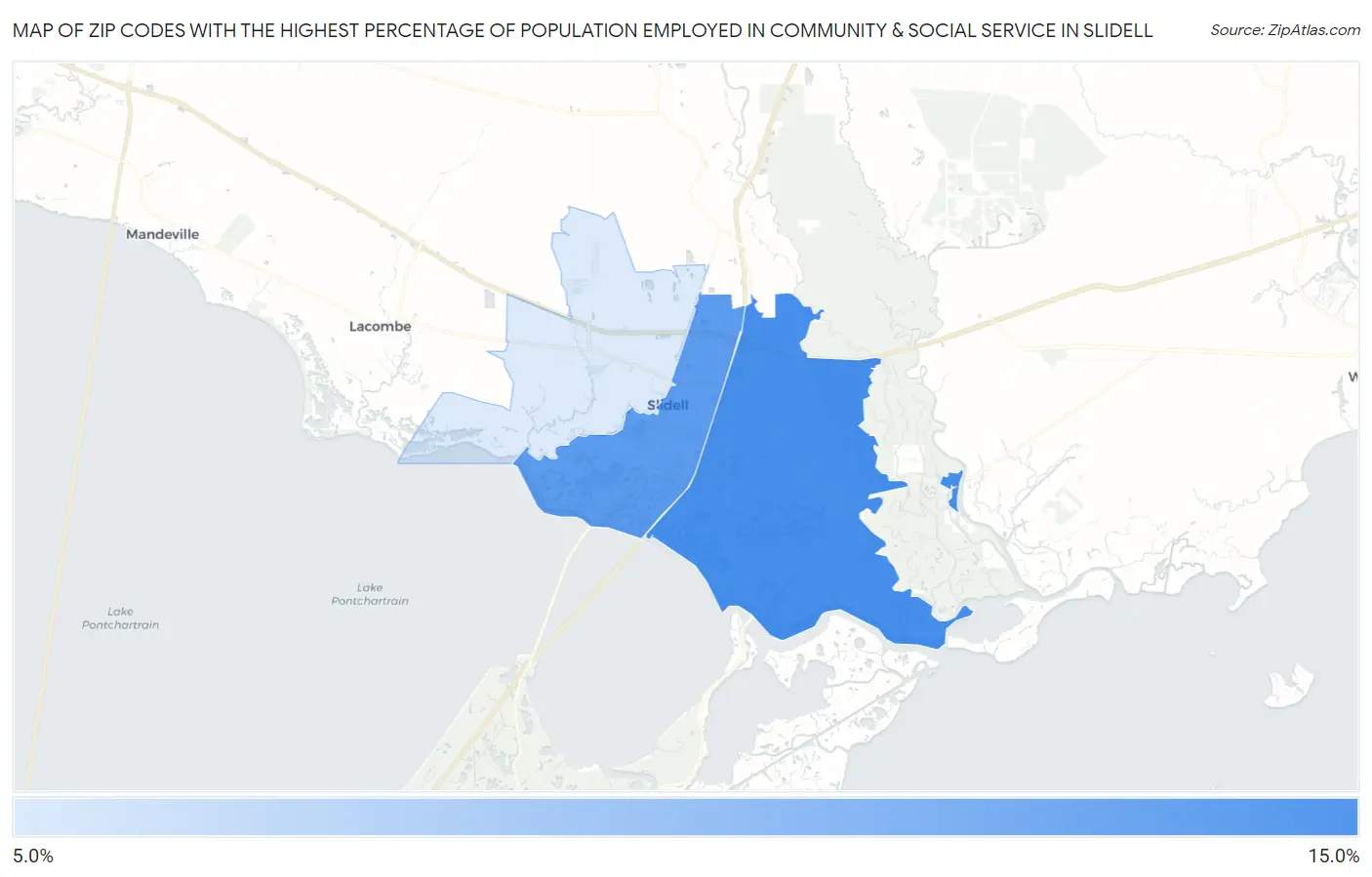 Zip Codes with the Highest Percentage of Population Employed in Community & Social Service  in Slidell Map