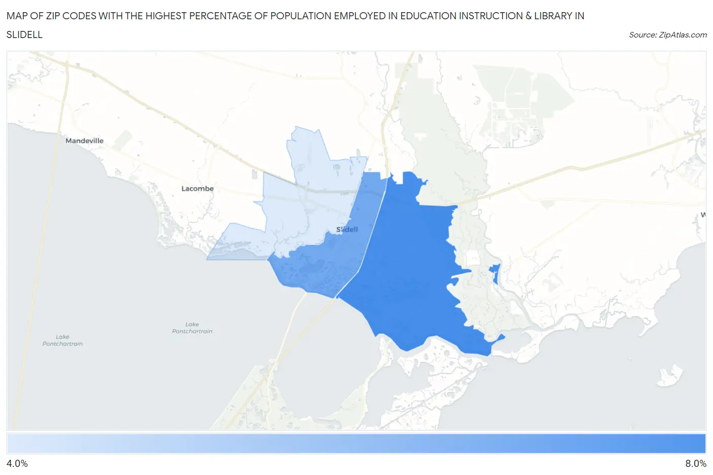 Zip Codes with the Highest Percentage of Population Employed in Education Instruction & Library in Slidell Map
