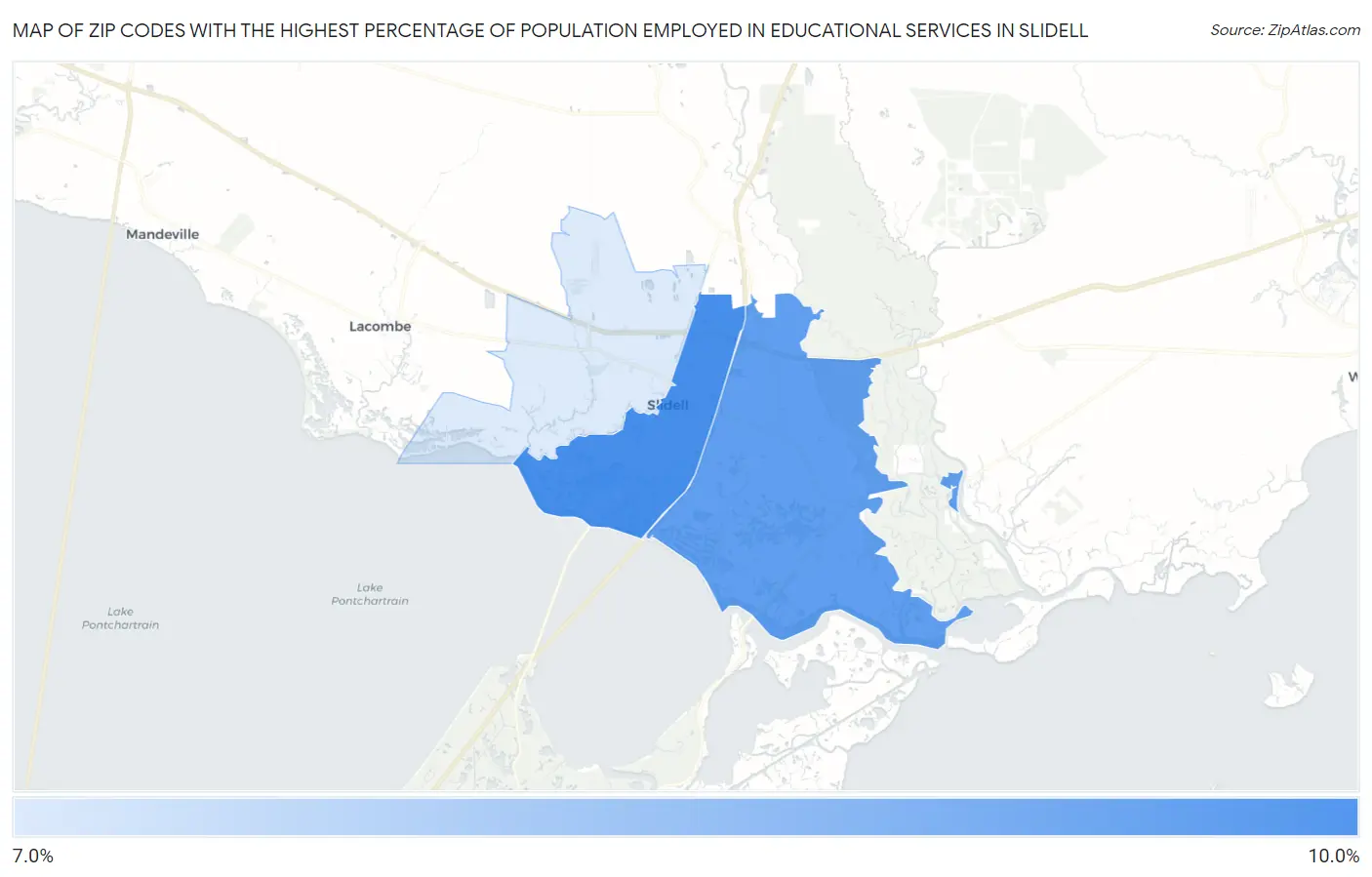Zip Codes with the Highest Percentage of Population Employed in Educational Services in Slidell Map