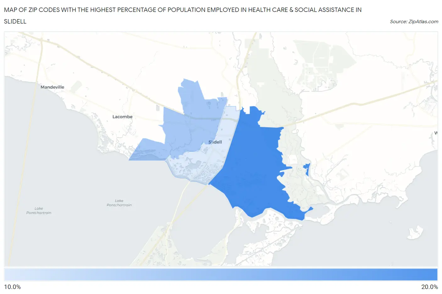 Zip Codes with the Highest Percentage of Population Employed in Health Care & Social Assistance in Slidell Map