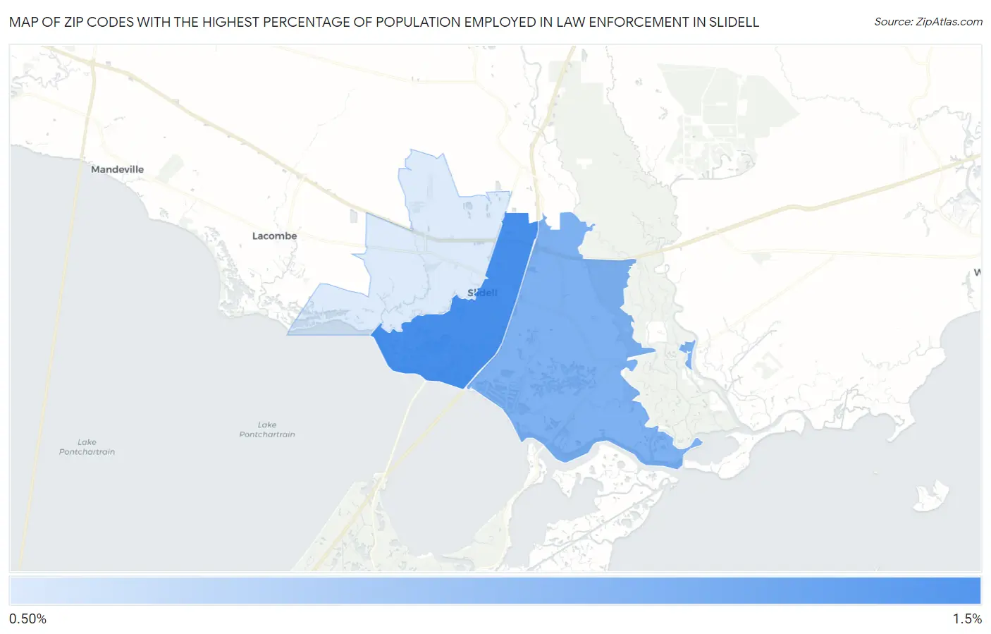 Zip Codes with the Highest Percentage of Population Employed in Law Enforcement in Slidell Map