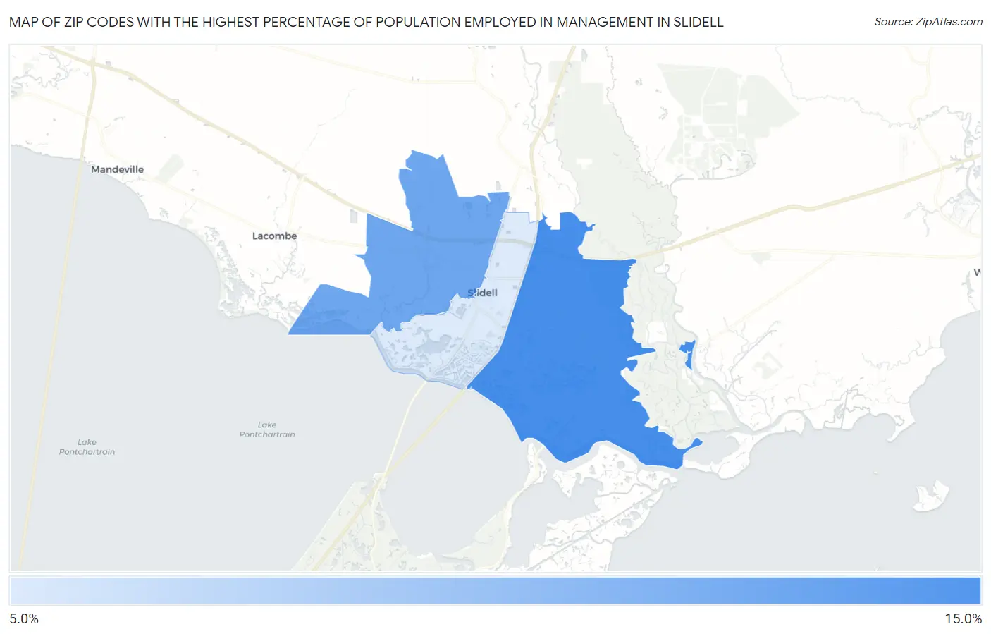 Zip Codes with the Highest Percentage of Population Employed in Management in Slidell Map