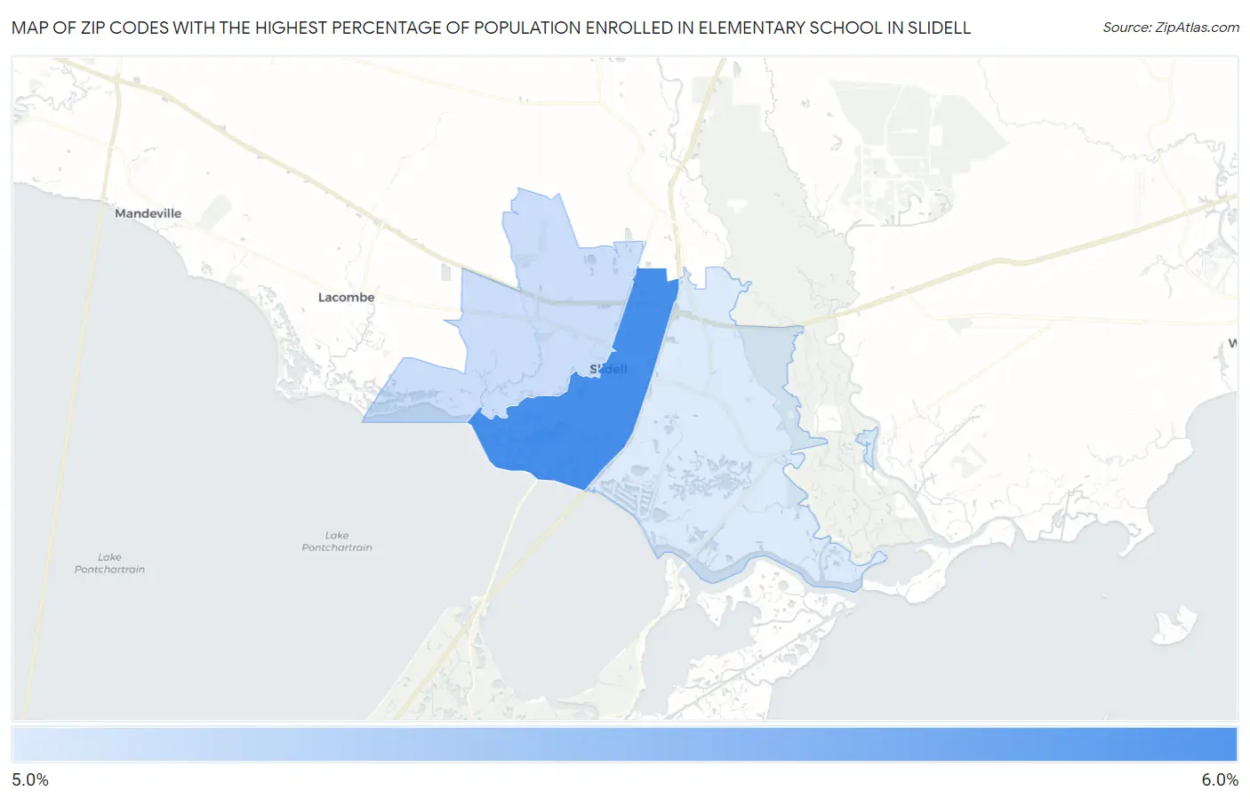 Zip Codes with the Highest Percentage of Population Enrolled in Elementary School in Slidell Map