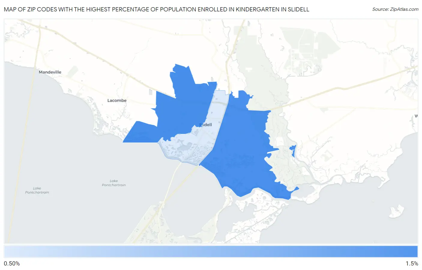 Zip Codes with the Highest Percentage of Population Enrolled in Kindergarten in Slidell Map
