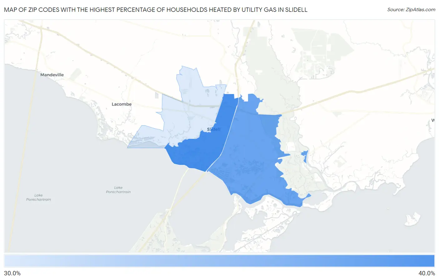 Zip Codes with the Highest Percentage of Households Heated by Utility Gas in Slidell Map