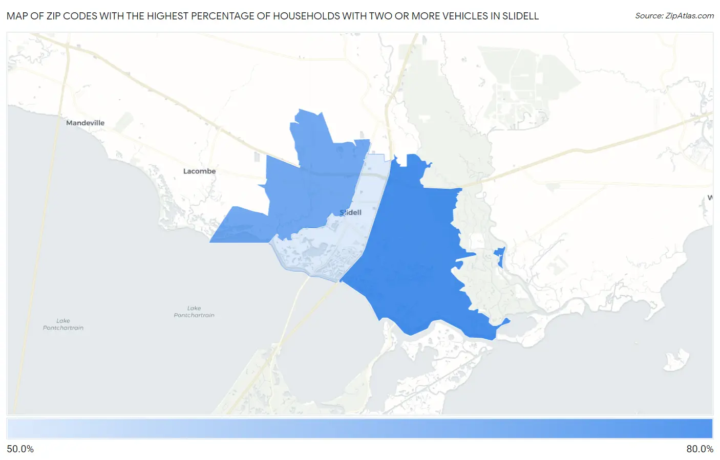 Zip Codes with the Highest Percentage of Households With Two or more Vehicles in Slidell Map