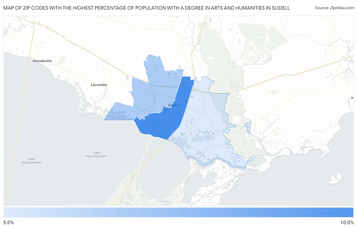 Zip Codes with the Highest Percentage of Population with a Degree in Arts and Humanities in Slidell Map