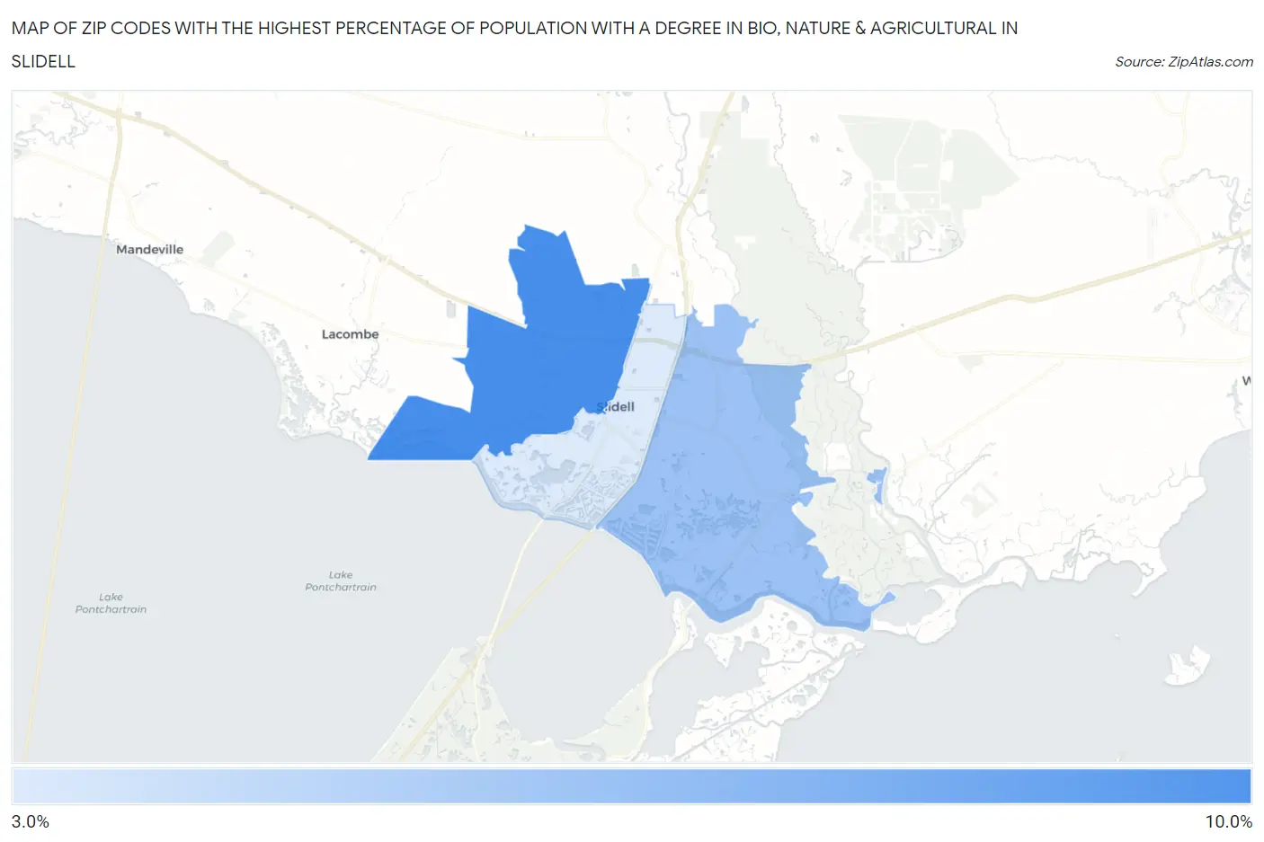 Zip Codes with the Highest Percentage of Population with a Degree in Bio, Nature & Agricultural in Slidell Map