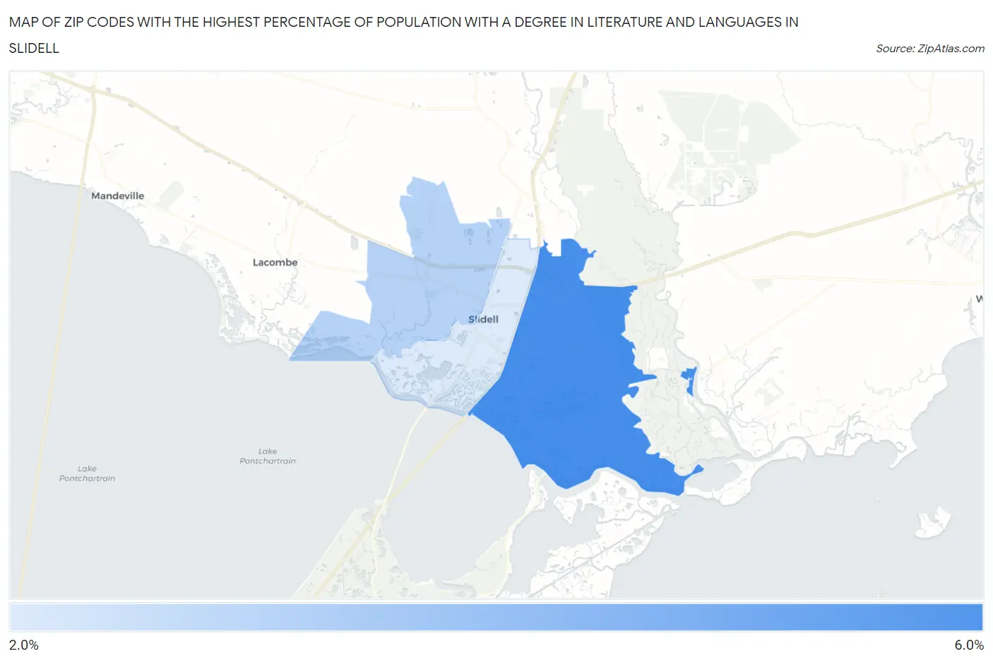 Zip Codes with the Highest Percentage of Population with a Degree in Literature and Languages in Slidell Map