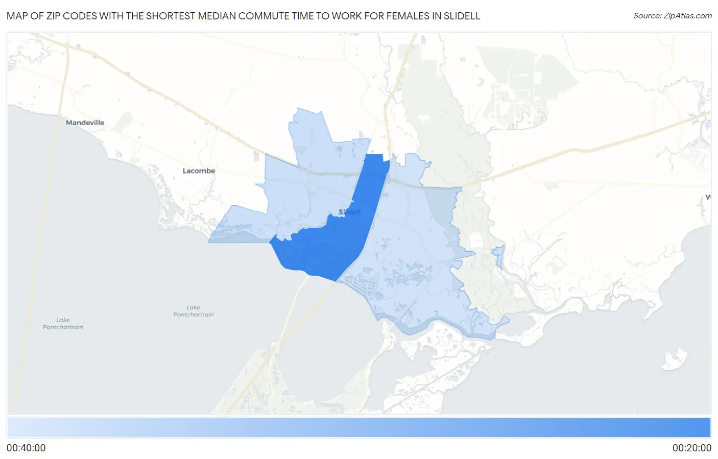 Zip Codes with the Shortest Median Commute Time to Work for Females in Slidell Map