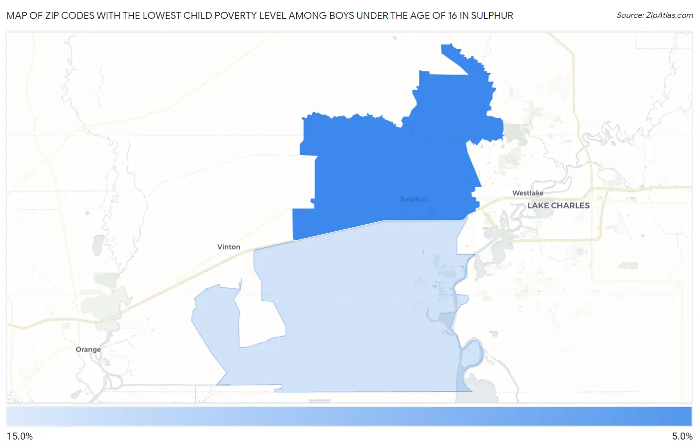 Zip Codes with the Lowest Child Poverty Level Among Boys Under the Age of 16 in Sulphur Map