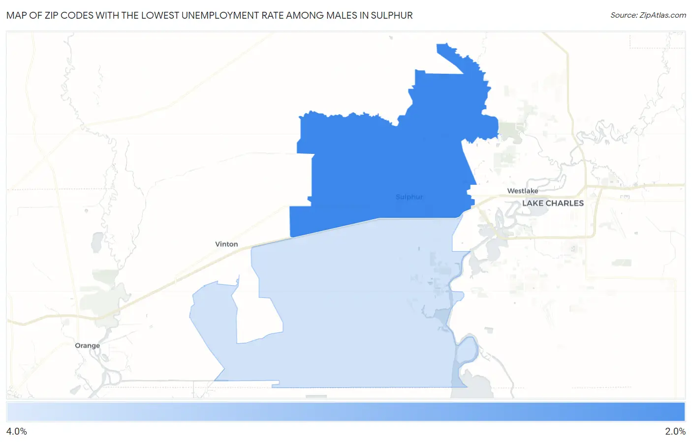 Zip Codes with the Lowest Unemployment Rate Among Males in Sulphur Map