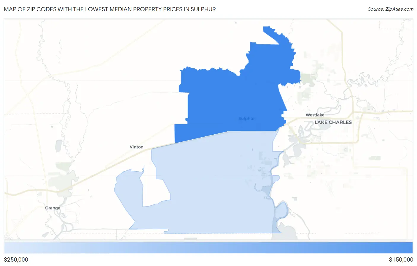 Zip Codes with the Lowest Median Property Prices in Sulphur Map